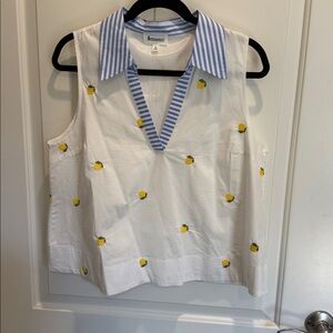 White Top with Blue Striped Collar and Lemon Accents